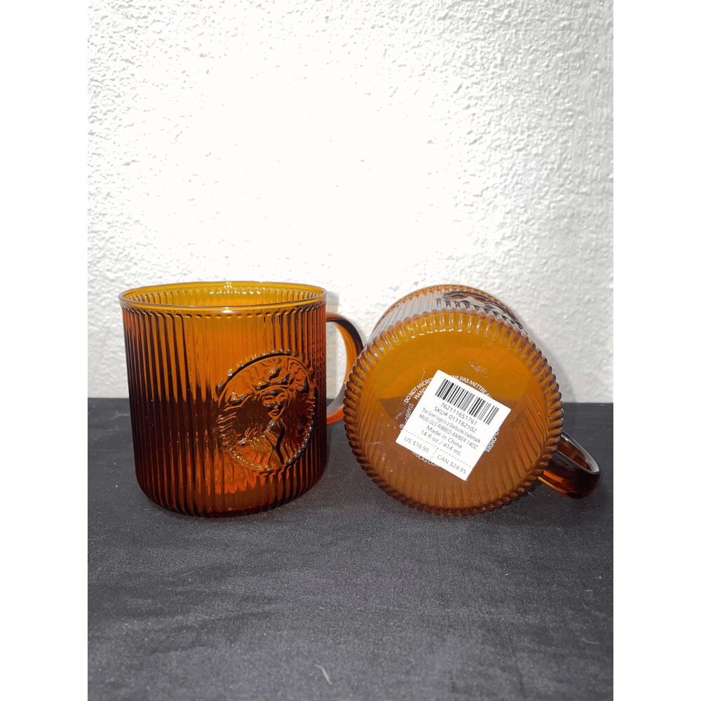 Starbucks 2025 Amber Ribbed Glass Coffee Mug 14 oz Siren Logo New